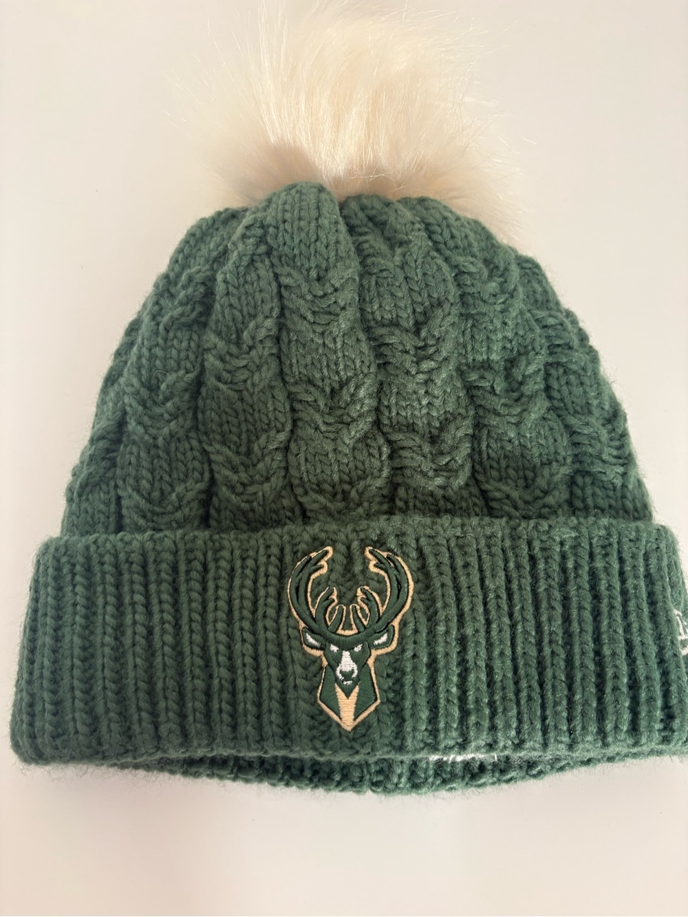 NBA Dark Green Knit Beanie with Cream Pom